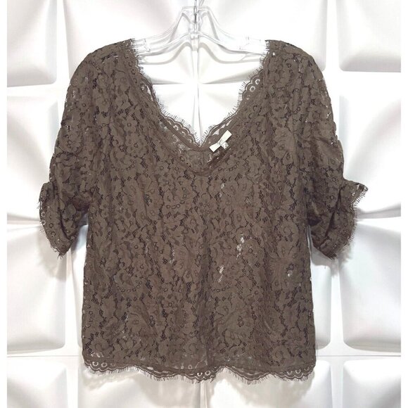 Joie Sz S Olive Brown Deep V Sheer Scalloped Eyelash Lace Top Blouse Ruched - Picture 7 of 12
